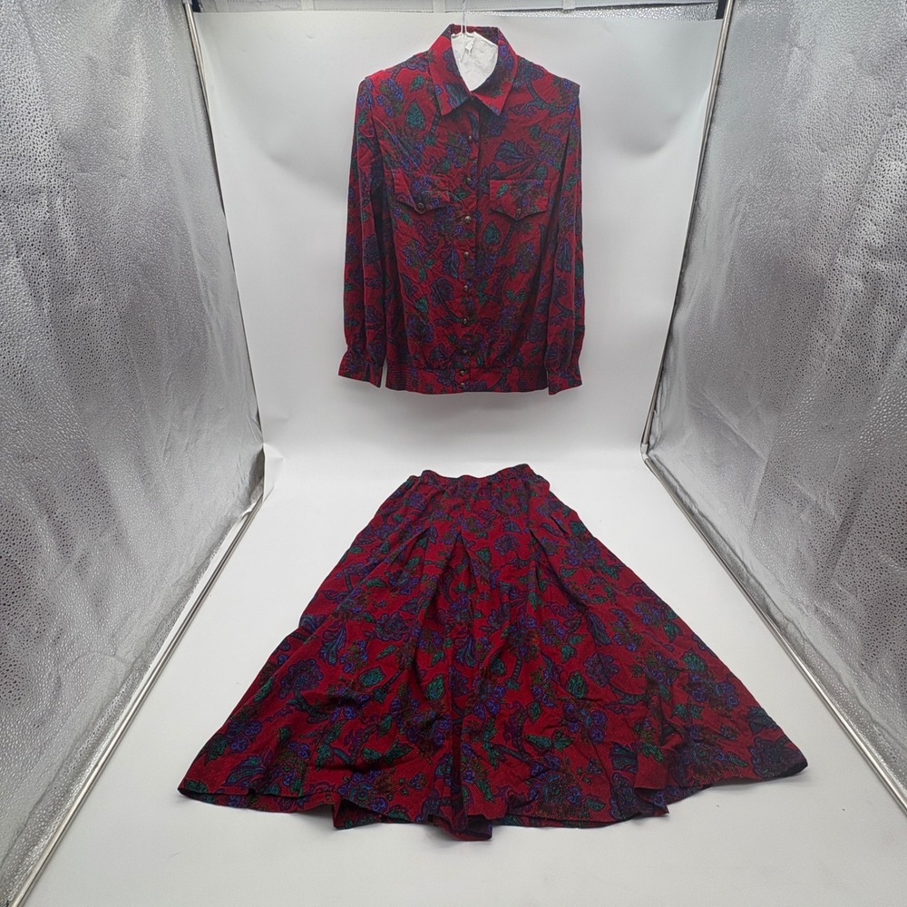 Vintage Schrader Red Paisley Floral 2 Piece Skirt Set Button Top Midi Skirt 8